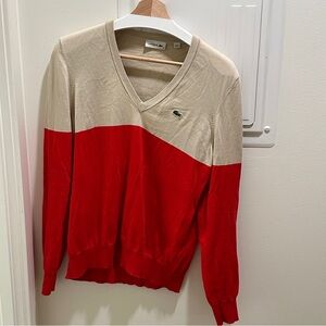 Lacoste Red and Cream V-Neck Sweater